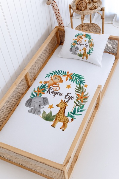 Lilabio %100 Pamuk İsme Özel Montessori Yatak Pike Seti 100x200 Safari