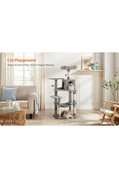 feandrea Cat Play Set, Tree Type, 1 Hammock and Hideout, 55x45x143cm, Gray