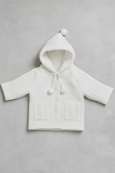 Cevval Textured Pattern Hooded Pompom Double Layer Knitted Baby Cardigan