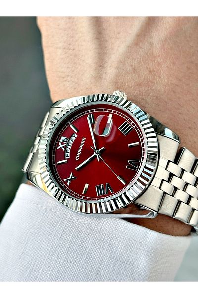 Weluxa Silver Color Burgundy Dial Calendar Steel Band Men's Wrist Watch