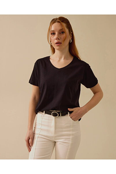 SEÇİL V Yaka Kısa Kollu Basic Tişört