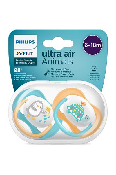 Philips Avent Set 2 suzete Philips-AVENT Ultra Air SCF080/07, ortodontica, 6-18 luni, Albastru/Galben