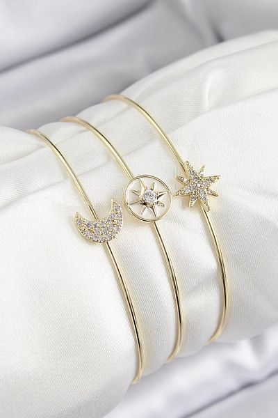 NETWORK ART Bfs Brass Zircon Stone Moon and Polar Star Model Gold Color Vip 3-Piece Women's Bracelet