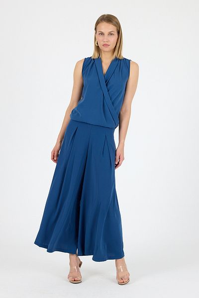 Laranor Blue Double Breasted Collar Medine Silk Blouse 25L8104