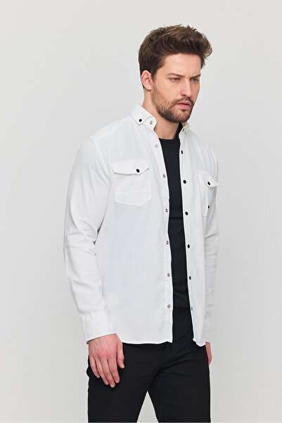 a02teks Slim Fit Men's Denim Shirt White (Suitable for 110-115 Kg, 5XL)