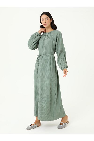 Benin Muslin Fabric Buttoned Comfortable Fit Hijab Dress - Mint Green -