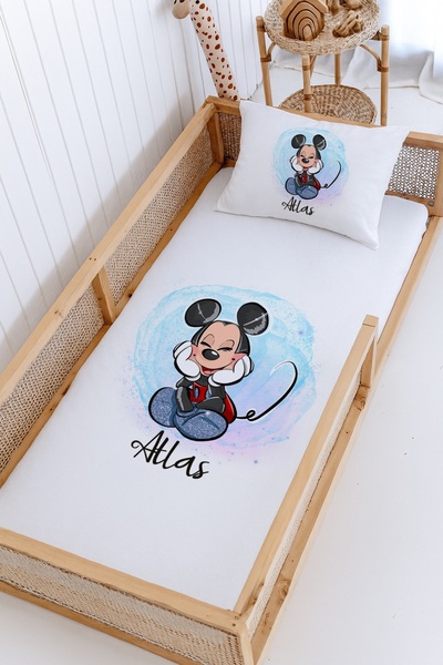 Lilabio %100 Pamuk İsme Özel Montessori Yatak Pike Seti 100x200 Mickey Mouse