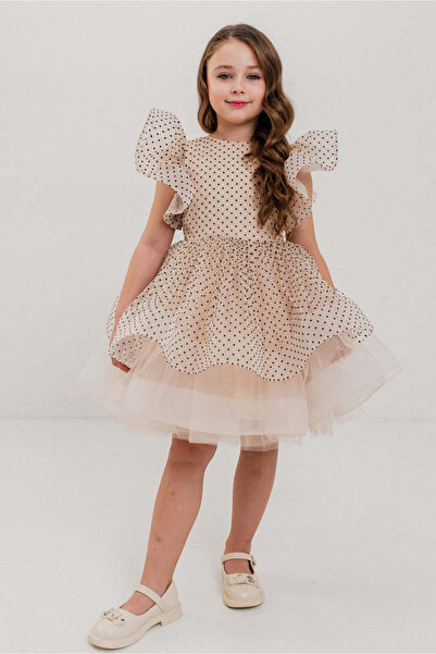 SOLLUXE CELESTE - Rochie de ocazie din organza cu buline și tul fin cu crinolină, bej, 128