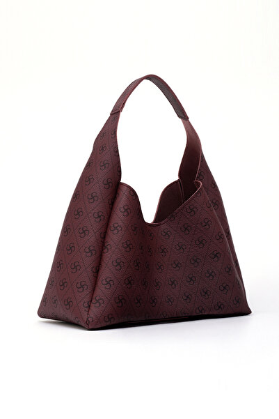 SHAKA Monogram Printed Burgundy Shk19 Faux Leather, Snap Closure, Single Compartment, Zippered Makeup Bag, Hand, Arm and