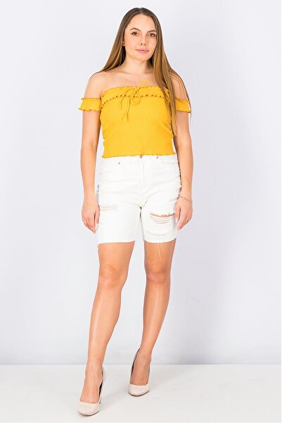 Sinsay Women Textured Rip Bermuda Shorts, White