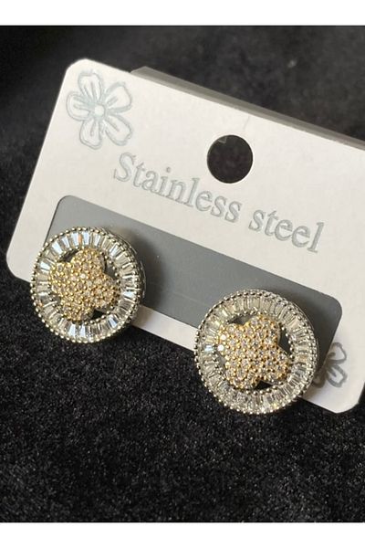 Çelik Zircon Stone Clover Detail Steel Earrings