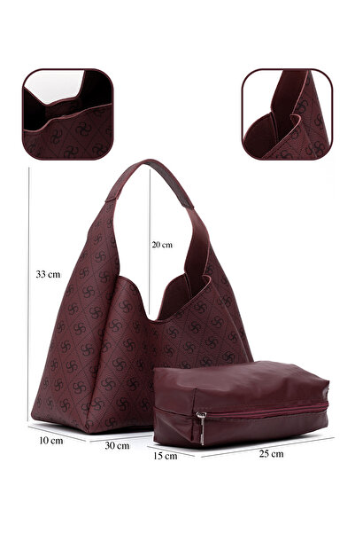 SHAKA Monogram Printed Burgundy Shk19 Faux Leather, Snap Closure, Single Compartment, Zippered Makeup Bag, Hand, Arm and