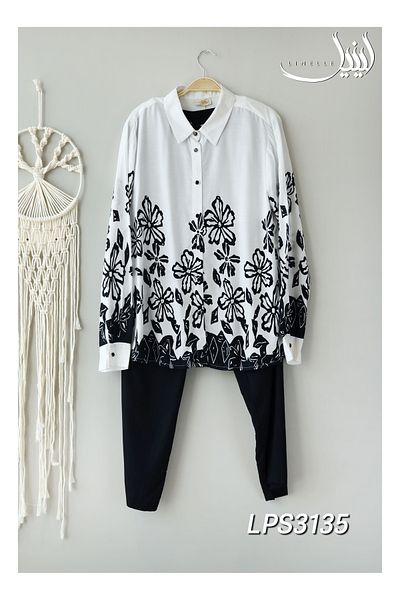 LINELLE Co-Ord Set – Solid Black Pant with Flower Printed White Shirt in Cotton-Polyester Blend.