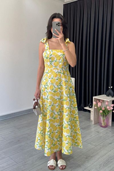 ECEMİ Ornel Shoulder Lace-Up Lemon Pattern Dress