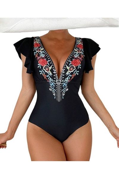 The Casius. Women's One-Piece Swimsuit, Ethnic Design, Size L, Black - The Casius