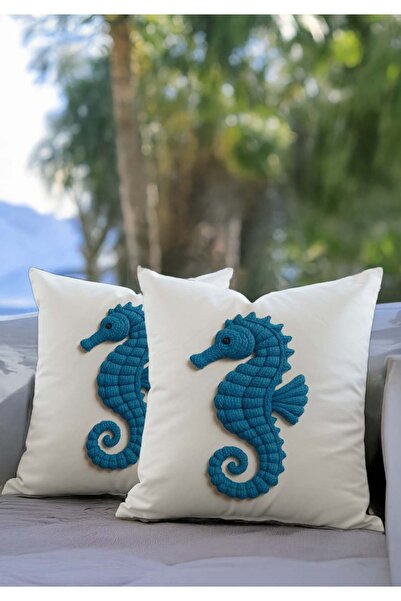 Sakallı Punch Embroidery Pattern Digital Printed Marine Blue Sea Horse 2-Piece Throw Pillow Cover