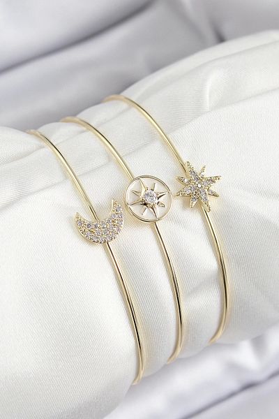 Clariss Brass Zircon Stone Moon and Polar Star Model Gold Color Vip 3-Piece Women's Bracelet
