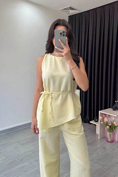 ECEMİ Tana Yellow Asymmetrical Blouse Trousers Set