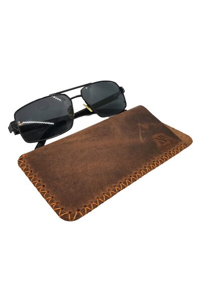 Natty Pell Leather Glasses Case Natty Pell, Brown with Orange Stitching, Size M