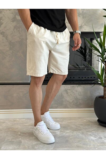 ECARTS Men's Lace-Up Comfortable Fit Linen Shorts Cream Eca006