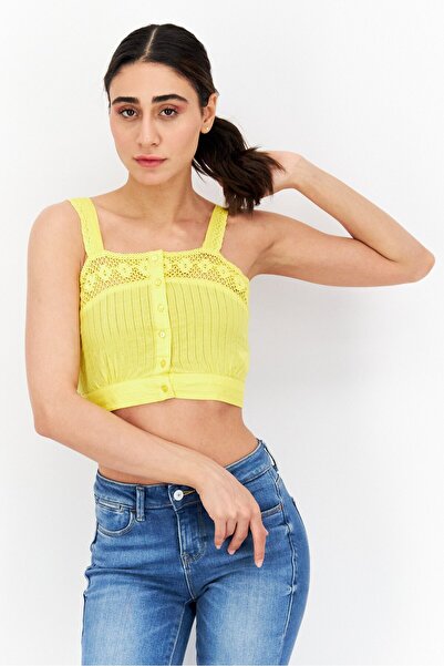 NA-KD Women Square Neck Sleeveless Textured Top, Yellow