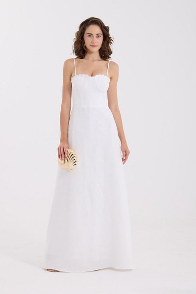 NOK İSTANBUL Seashell Bloom 100% Linen Maxi Length Dress White