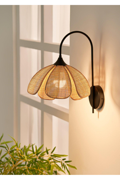 burenze Modern Tasarım Rose Çiçek Kablosuz Pilli Aplik Siyah Gövde Aç Kapa Butonlu Tak Çalıştır Ekru Kumaş