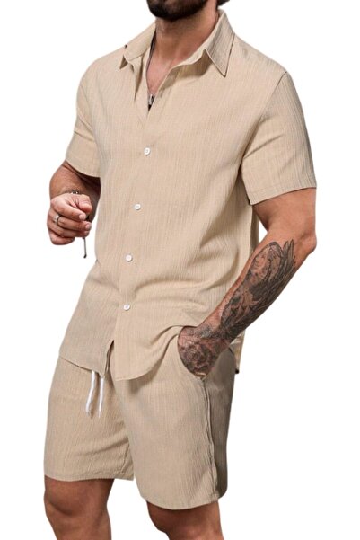 The Casius. Casual set with short-sleeve shirt and drawstring shorts for men, XXL, beige, The Casius