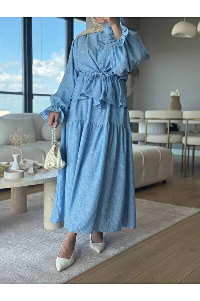 Esre Store 3501 - Σετ Χιτζάμπ από Λινό Ύφασμα Μπλε