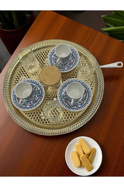 Noah Exclusive Turkish Coffee Presentation Set - Tray - 3 Coffee Cups with Plate - 3 Coffee Cups - Mercury