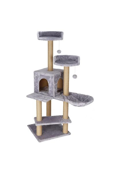 SERSIMO Cat play set, with scratching post, hiding place, bed, balls, 129cm, gray