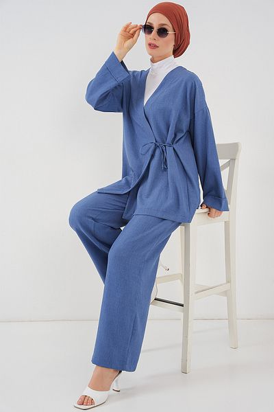 Bigdart Women's Double Breasted Collar Kimono Bottom Top Set 6743 - Indigo