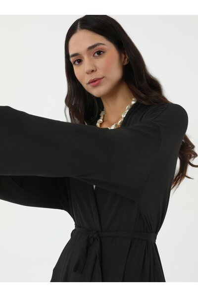 Benin Set tricotat kimono lung și pantaloni din țesătură de viscoză - negru - Benin