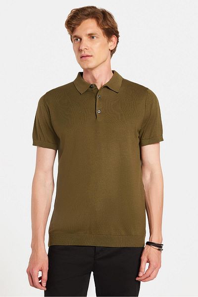 Tudors Ανδρική Slim Fit Στενή Εφαρμογή Χειροποίητη Πόλο Μπλούζα Χρώματος Χακί