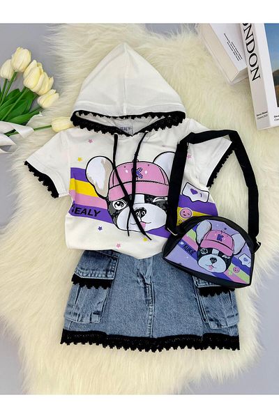mislina kids Girl's Denim Skirt 3-Piece Set – T-Shirt + Denim Skirt + Bag