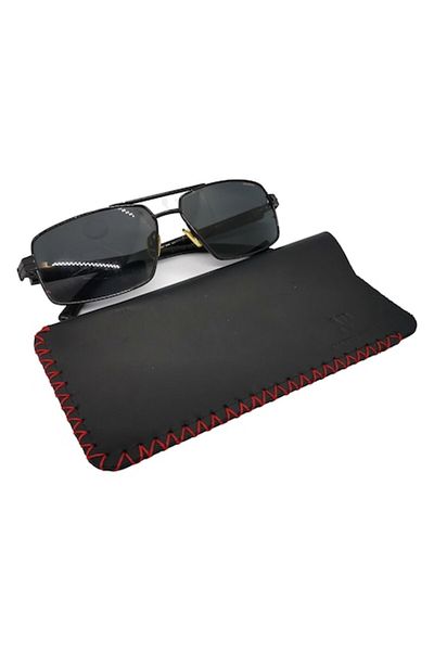 Natty Pell Eyeglass Case, Leather, Black with Red Stitching, Size L