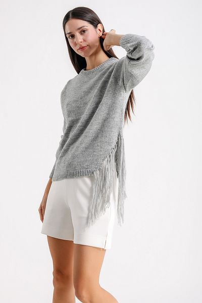 Barbara Baileys Crew Neck Sweater with Slits and Tassels