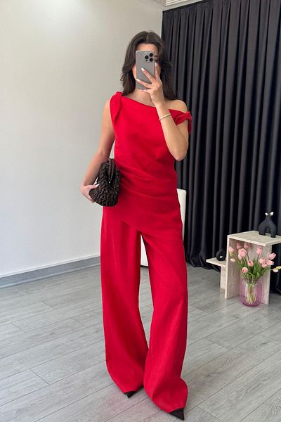 ECEMİ Parmo Red Raw Linen Shoulder Low-Cut Suit