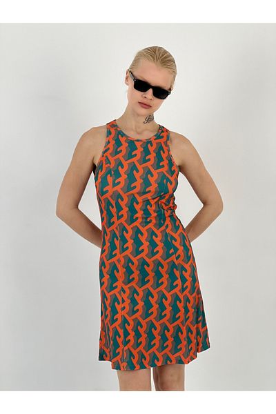 Miss Poem Women's Strappy Patterned Green Short Dress