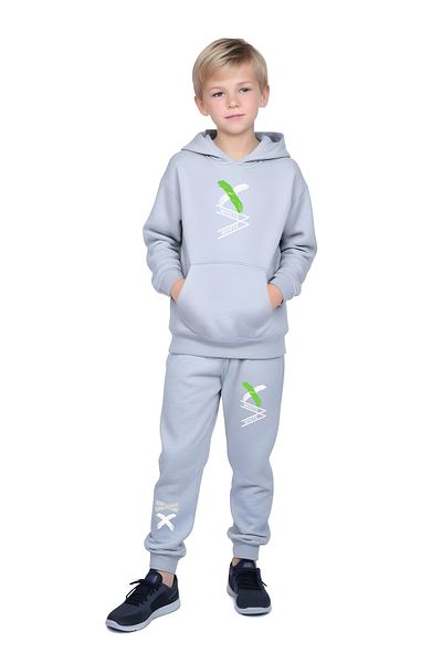 FYK KİDS Boy's Tracksuit Set with Hooded Kangaroo Pocket White Text Printed