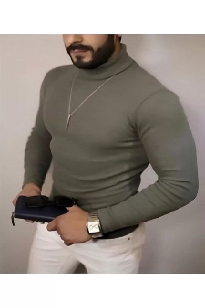 Silerra Men's Camisole Turtleneck Full Lycra Corded Body Sweater - Khaki