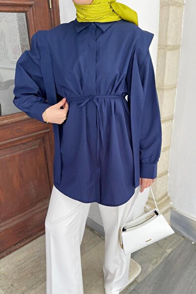 lamelif Сорочка з поясом і накладками на плечах, темно-синя