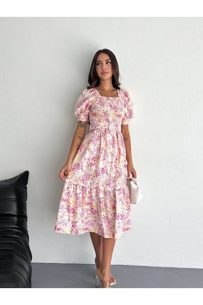 DENİZLİFE Floral patterned dress with a belt
