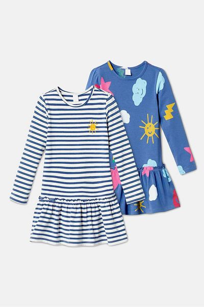 Tchibo Kid Girls 2 Pcs Striped Casual Midi Dress, Blue Combo