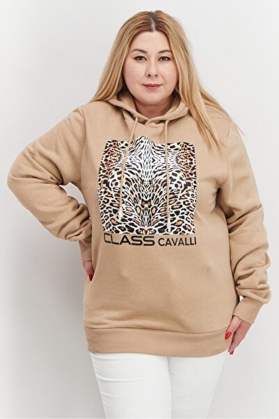 Cavalli Class هودي نسائي بأكمام طويلة وطبعة جرافيك، بني