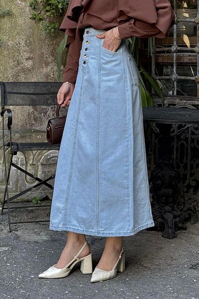 lamelif Fusta din denim Hijab cu detaliu nasture Albastru deschis