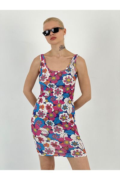 Miss Poem Women's Floral Patterned Fuchsia Strap Dress