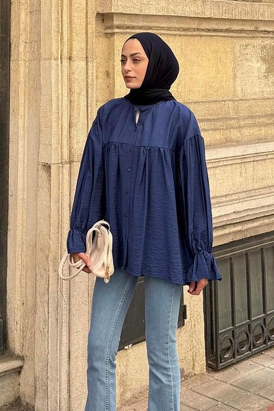 lamelif Roba Detailed Hijab Shirt Indigo