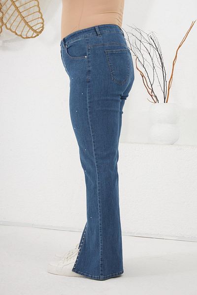 RMG Large Size Jeans with Leg Slits and Stone Detail Blue