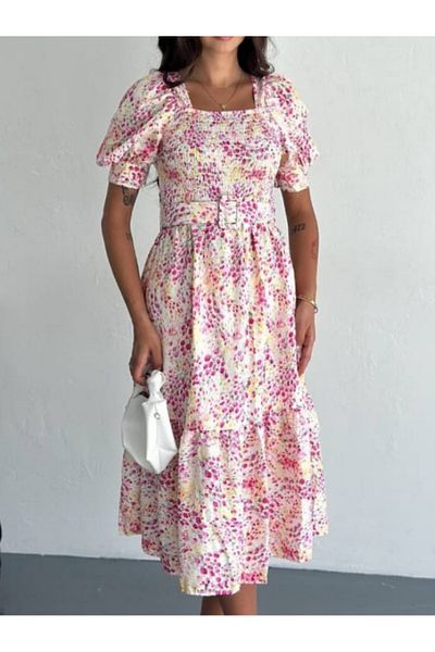 DENİZLİFE Floral patterned dress with a belt